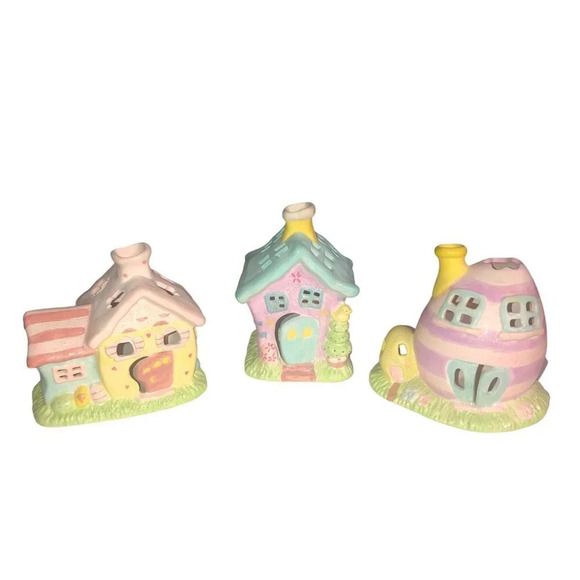 Vintage RUSS BERRIE Glitter Glam Easter Bunny Houses Votive Candle Holder Set 3 - Picture 2 of 9